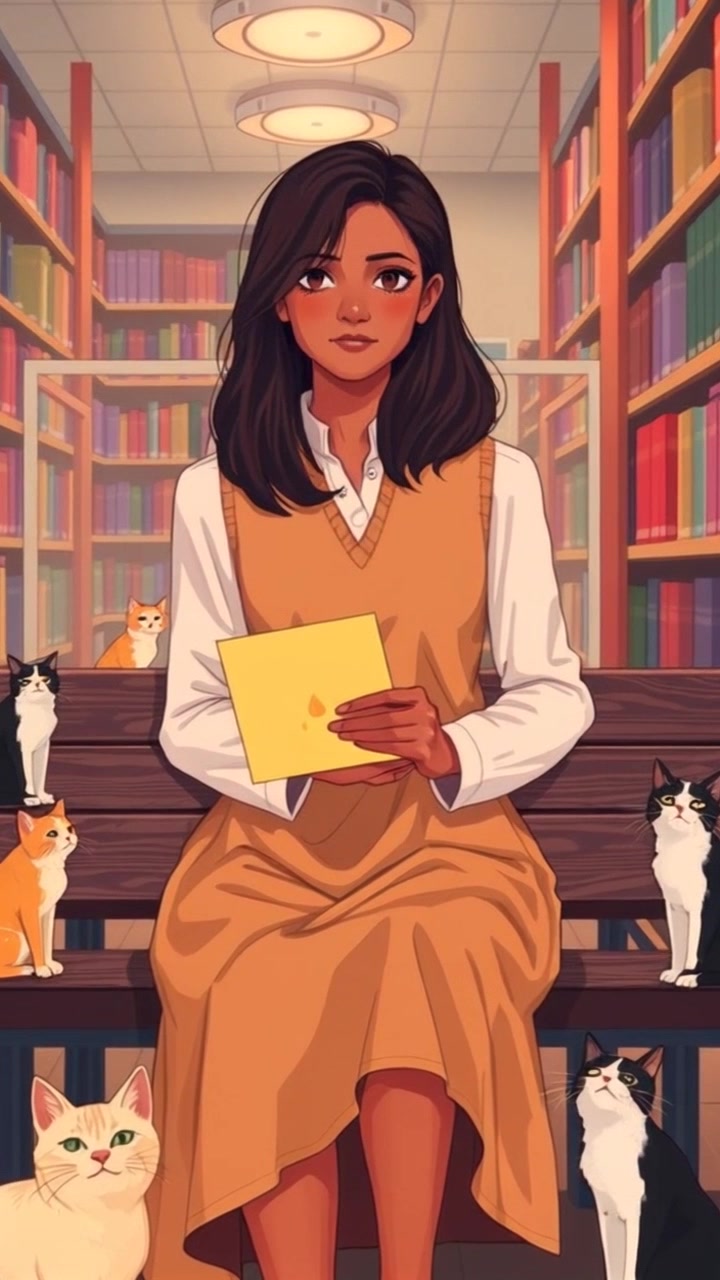 Subject: A young woman sitting alone on a bench in a library. Subject movement: She gazes intently at a yellow letter, teardrops falling onto the paper. Scene: Quiet library filled with rows of books, soft natural light filtering through large windows. Style: Warm, inviting lighting creates a sense of intimacy. Motion: Camera gently zooms in on her face, capturing the emotion in her eyes, then pans down to the letter, highlighting the delicate teardrops as they land on the paper.