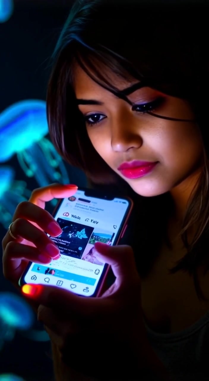 The woman scrolls gently through her social media feed on her smartphone, focusing on each post for a moment.