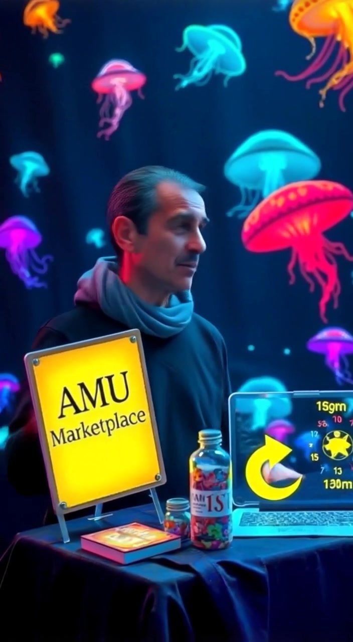 The man gestures toward the table, showcasing various items, as passersby examine the vibrant marketplace.