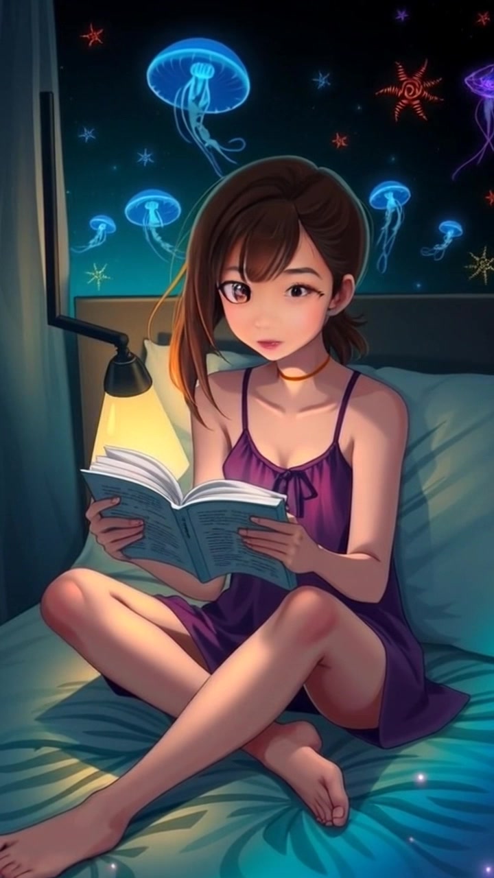 Subject: A person sitting on a bed, absorbed in reading a light novel. Subject movement: She occasionally turns a page and adjusts her posture comfortably. Scene: A cozy bedroom warmly lit by a small lamp that casts soft light over the open book, creating a tranquil atmosphere. Camera: A smooth push-in shot that draws closer to the reader, capturing the delicate play of light on the novel's pages. Lighting: Warm, inviting light from the lamp enhances the serene mood.
