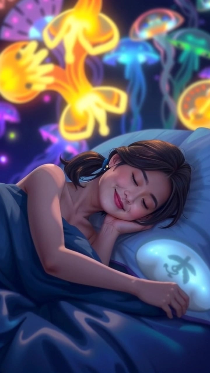 Subject: A person stretched out in bed with a soft smile, radiating serenity and relaxation. Subject movement: The person gently shifts their position, sinking further into the plush bedding with a contented sigh. Scene: A tranquil bedroom setting, adorned with soft, ambient lighting and calming decor. Motion: The camera slowly pushes in, capturing the peaceful expression and the cozy atmosphere, while soft light enhances the inviting ambiance.