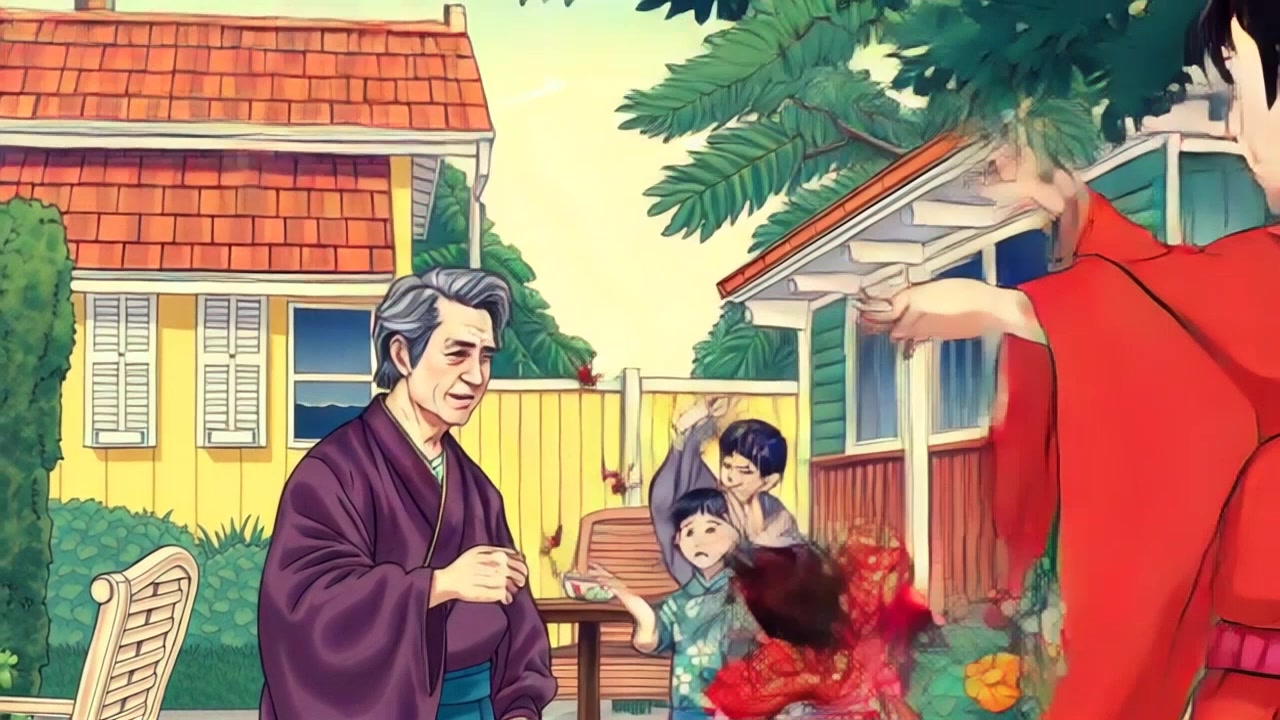 Scene: A vibrant sunny backyard with a family gathered under a large tree, playfully swatting at flies on a warm summer day. Style: Bright, natural lighting with soft shadows cast by the tree. Motion: Camera performs a smooth, gentle pan across the family as they laugh and interact, capturing the lighthearted atmosphere of the scene.