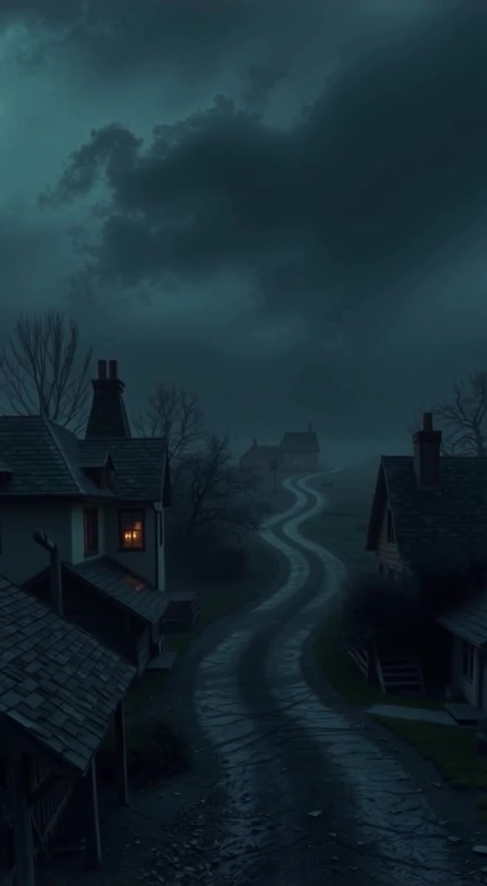 Fog gently rolls through the quaint village of Hollow Creek, enveloping the old cottages and winding dirt road.
