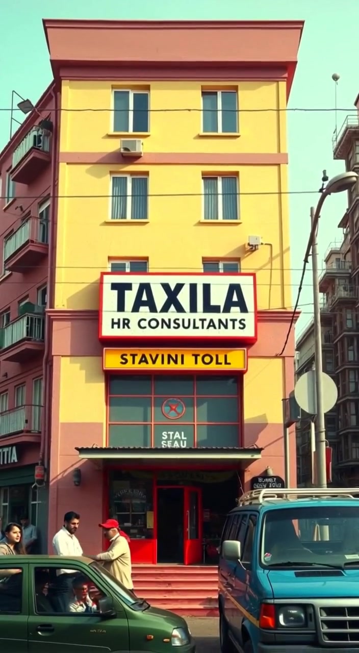 Cars gently pass by the Taxila HR Consultants building on a bustling street in Rawalpindi, Pakistan.