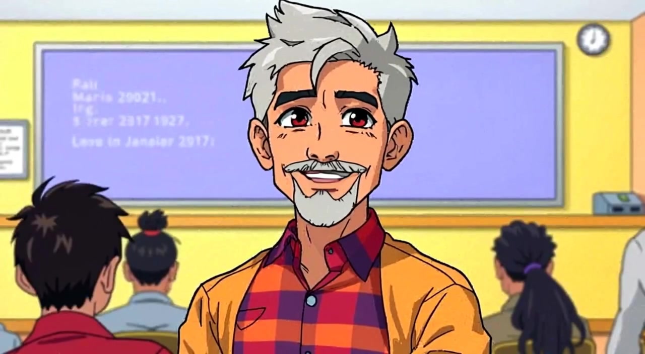 The man gestures gently while speaking to the audience, his smile radiating warmth and engagement in the classroom.