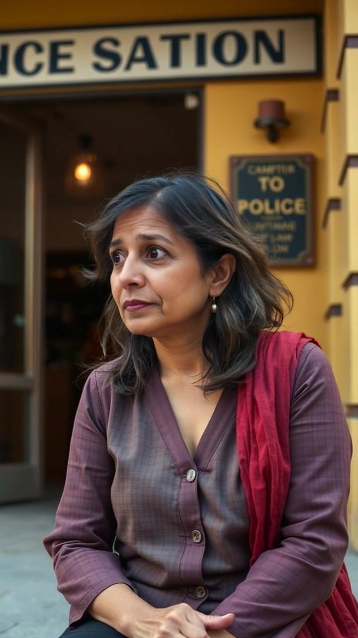 Subject: A woman sitting outside a police station. Subject movement: She shifts her gaze around anxiously, her hands fidgeting in her lap. Scene: A police station's entrance, with a dull gray exterior and flickering fluorescent lights overhead. Style: Cool, muted lighting that intensifies the somber mood, reflecting the tension of the moment. Motion: The camera captures a slow push-in on the woman, emphasizing her worried expression while allowing the surrounding environment to fade slightly into the background.