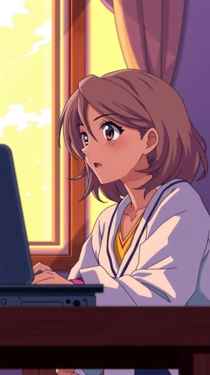 A close-up of a woman sitting at a desk, looking thoughtfully out the window.
