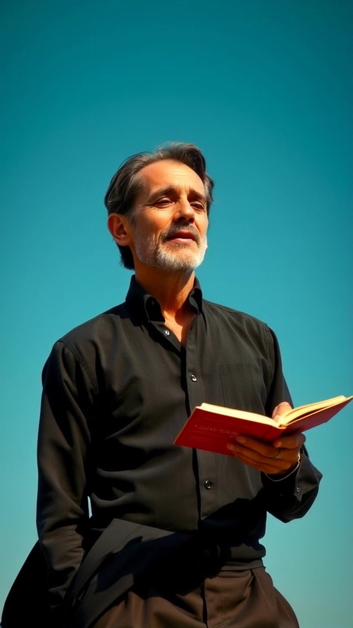 You stands under a clear blue sky, reciting, with a peaceful expression.