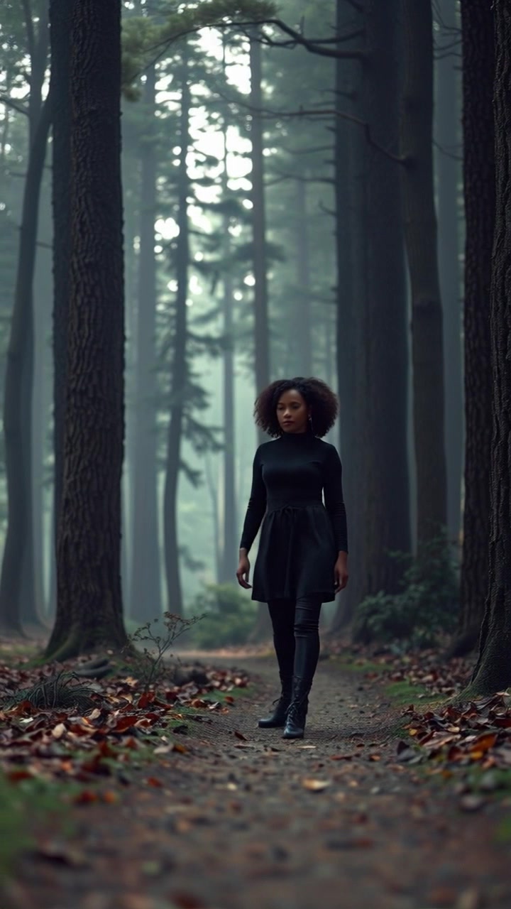 Subject: A woman walking along a forest path. Subject movement: She takes a small, determined step forward, her gaze focused ahead. Scene: Lush green forest with towering trees creating a serene and inviting atmosphere. Lighting: Soft, dappled sunlight filtering through the leaves, casting gentle patterns on the forest floor. Motion: Camera follows her from a low angle, panning slightly to capture the beauty of the surrounding trees as she moves forward.