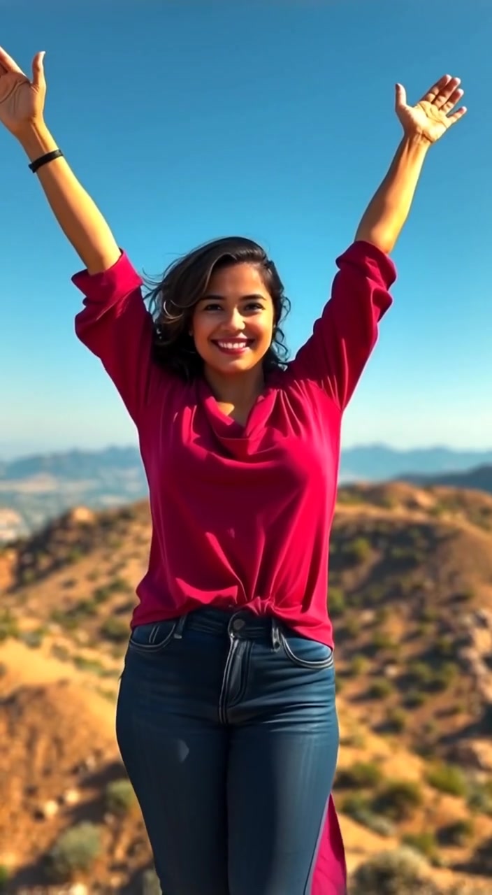 The woman raises her arms joyfully, embracing the breeze atop a hill under a clear blue sky.