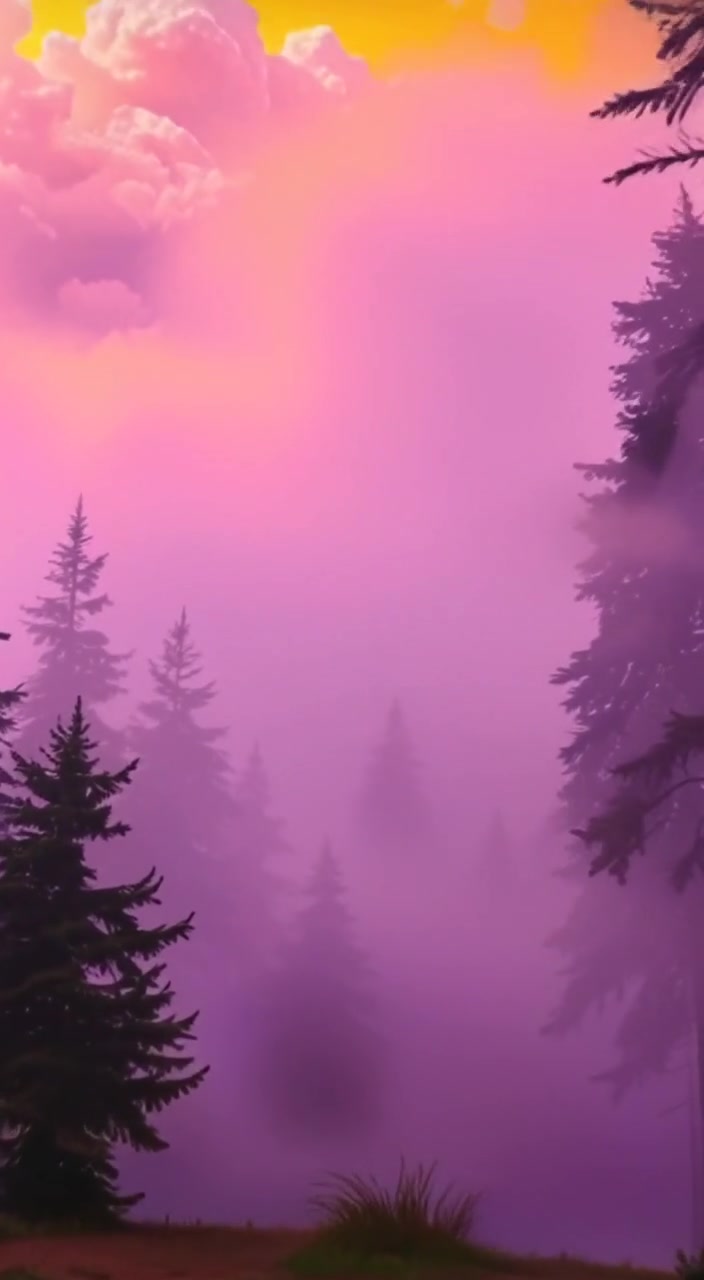 Fog gently rolls over the quiet forest, revealing tall trees dimly visible through the mist.