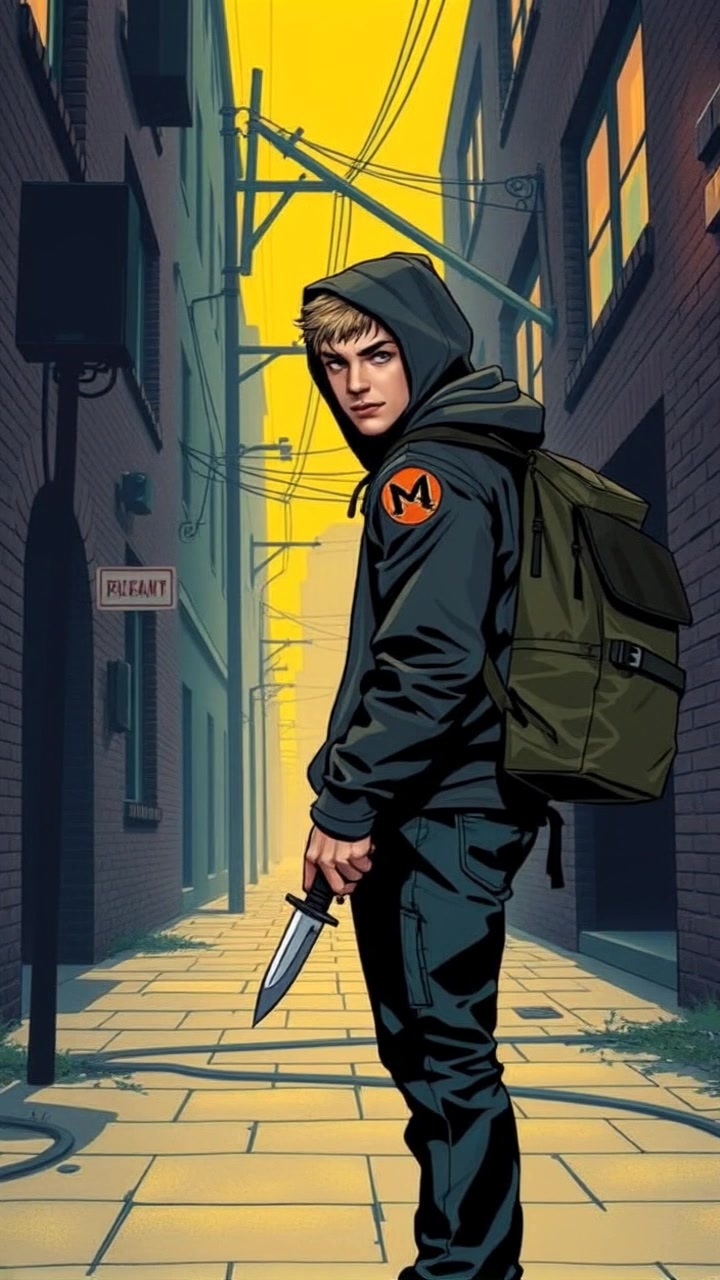 Subject: A figure standing still in a dimly lit street, wearing a hooded sweatshirt and holding a knife, vigilant as he scans his surroundings. Scene: Urban street with shadows cast by flickering streetlights, evoking a tense atmosphere. Style: Moody, low-key lighting enhances the suspenseful tone. Motion: Camera begins with a close-up of the figure's face, then slowly pulls back to reveal the deserted street, capturing the unease of the moment.