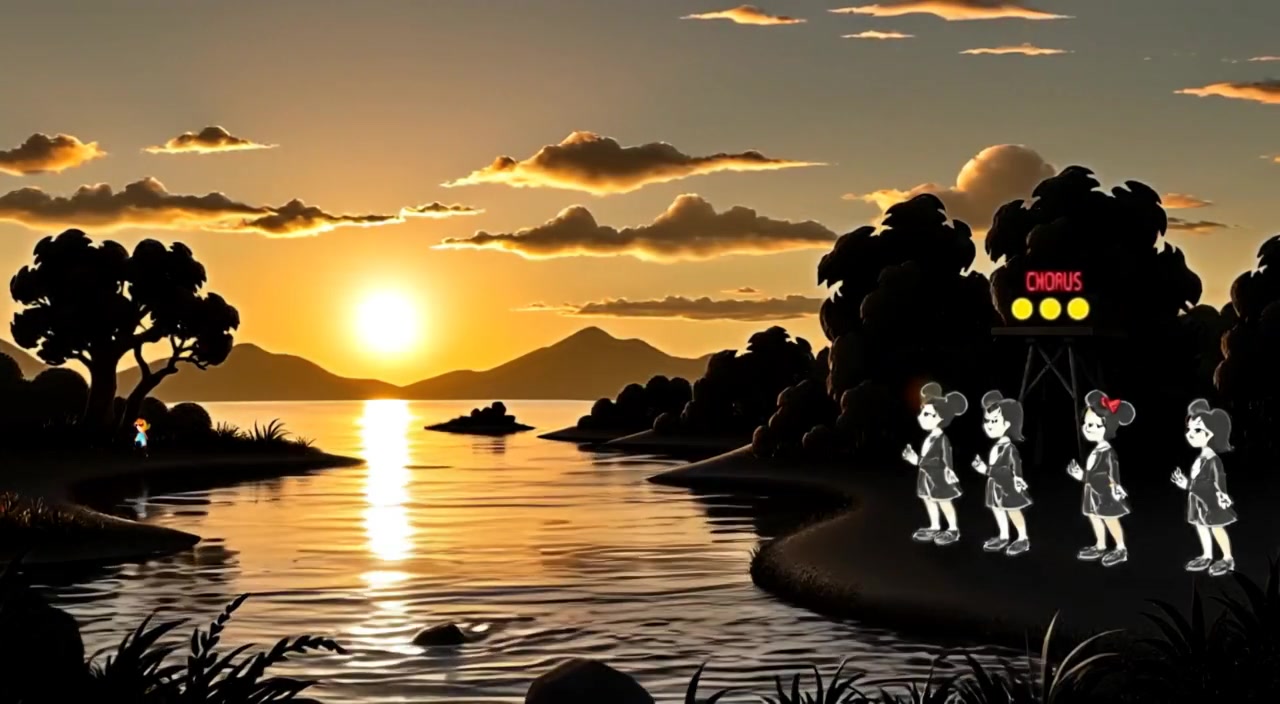 Gentle ripples form on the lake as the sun sets behind silhouetted trees along the shore.