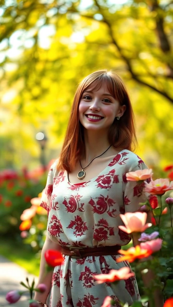 Subject: Lisa standing joyfully in a sunlit park, surrounded by vibrant blooming flowers. Subject movement: She twirls lightly, her hair flowing in the gentle breeze, radiating happiness. Scene: A lush, colorful park filled with flowers in full bloom, enveloped in warm sunlight. Motion: The camera performs a smooth, rotating shot around her, capturing her blissful expression and the beauty of the surroundings, with the camera height subtly adjusting to showcase both Lisa and the rich floral scenery.
