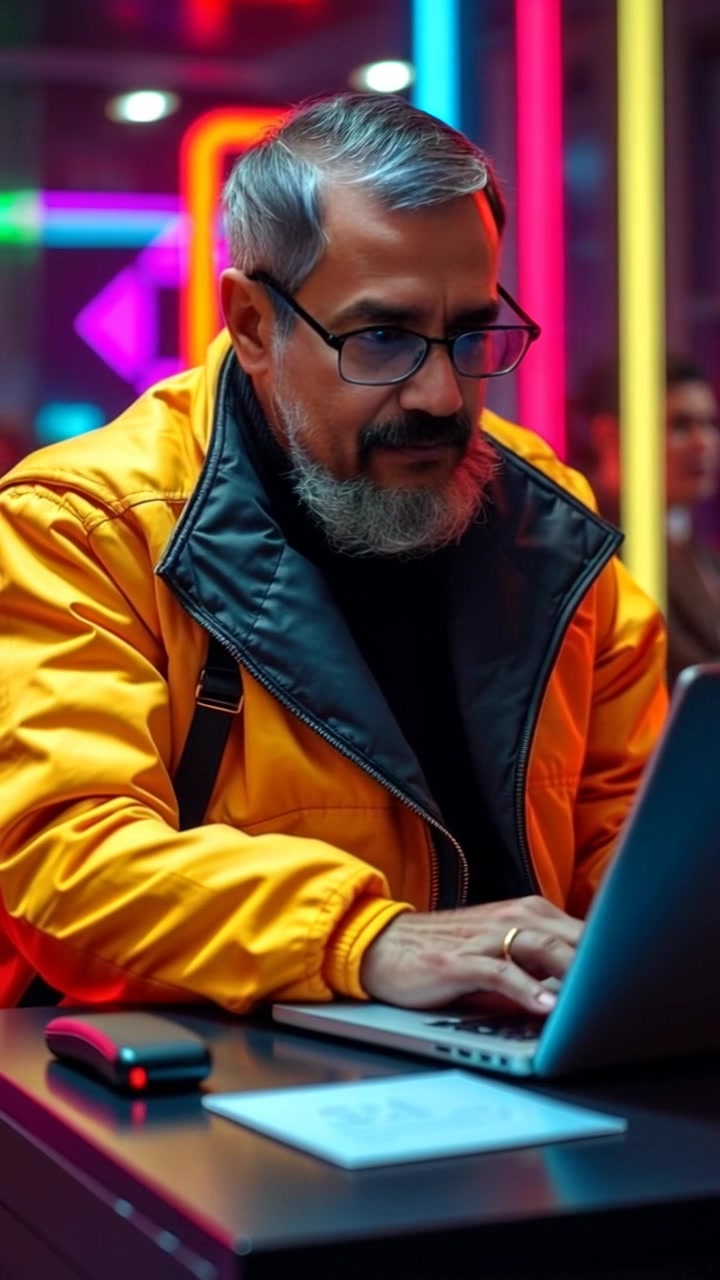 Subject: A man seated at a desk, actively typing on his laptop while scrolling through Facebook. Scene: Office environment filled with books and personal touches, soft light filtering through a nearby window. Motion: Camera slowly pushes in to capture the man's focused expression, highlighting the subtle movement of his fingers on the keyboard as he engages with the screen.