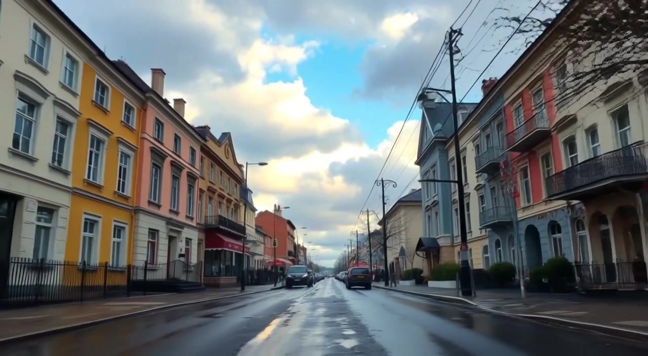 Gentle raindrops fall from leaves as sunlight breaks through clouds, casting reflections in the puddles on the quiet street.