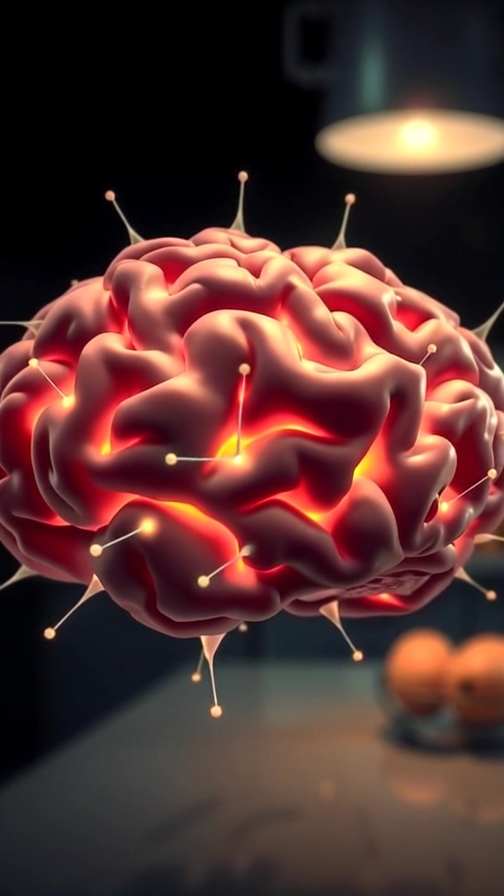 A close-up of a human brain with neural connections glowing softly, set against a dark background.