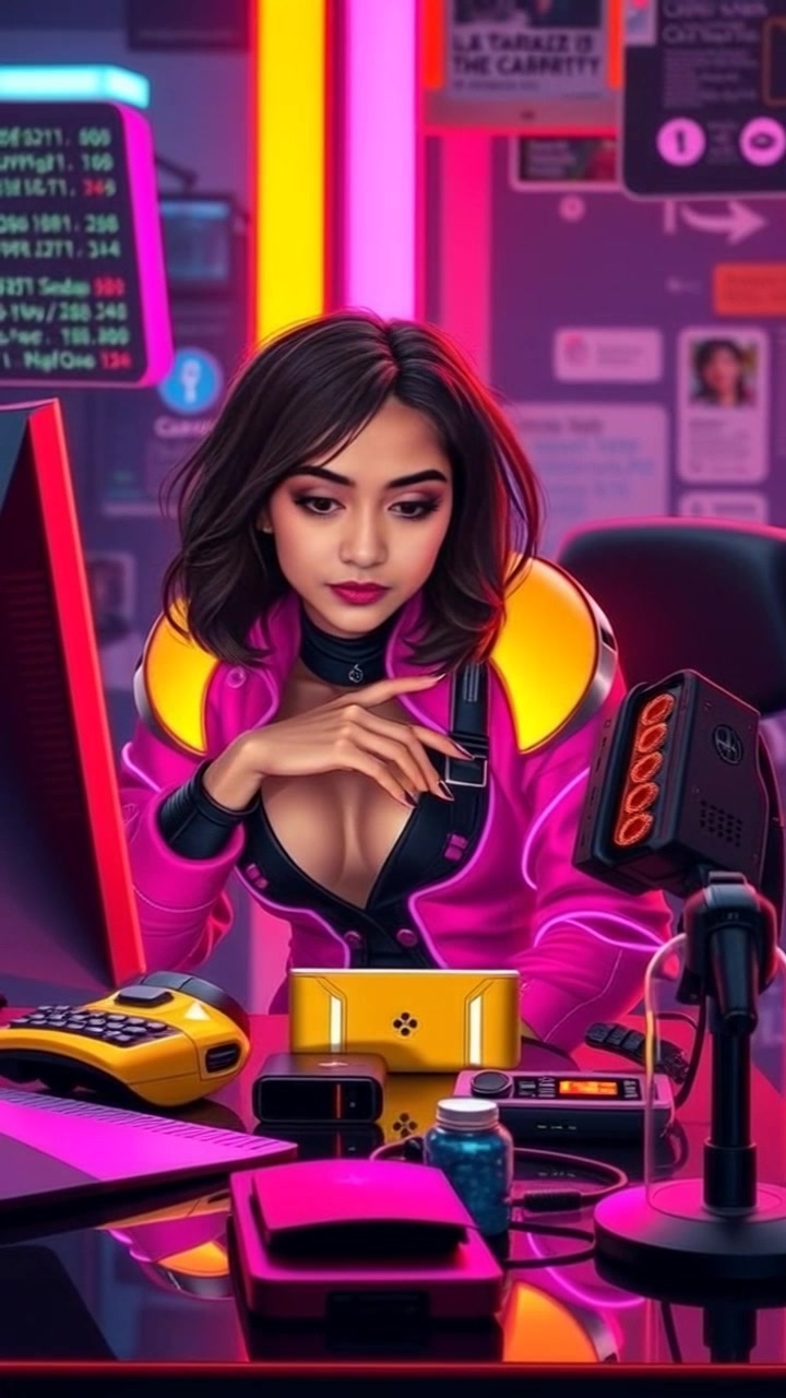 Rara sitting at her desk, looking at her computer screen surrounded by gadgets.