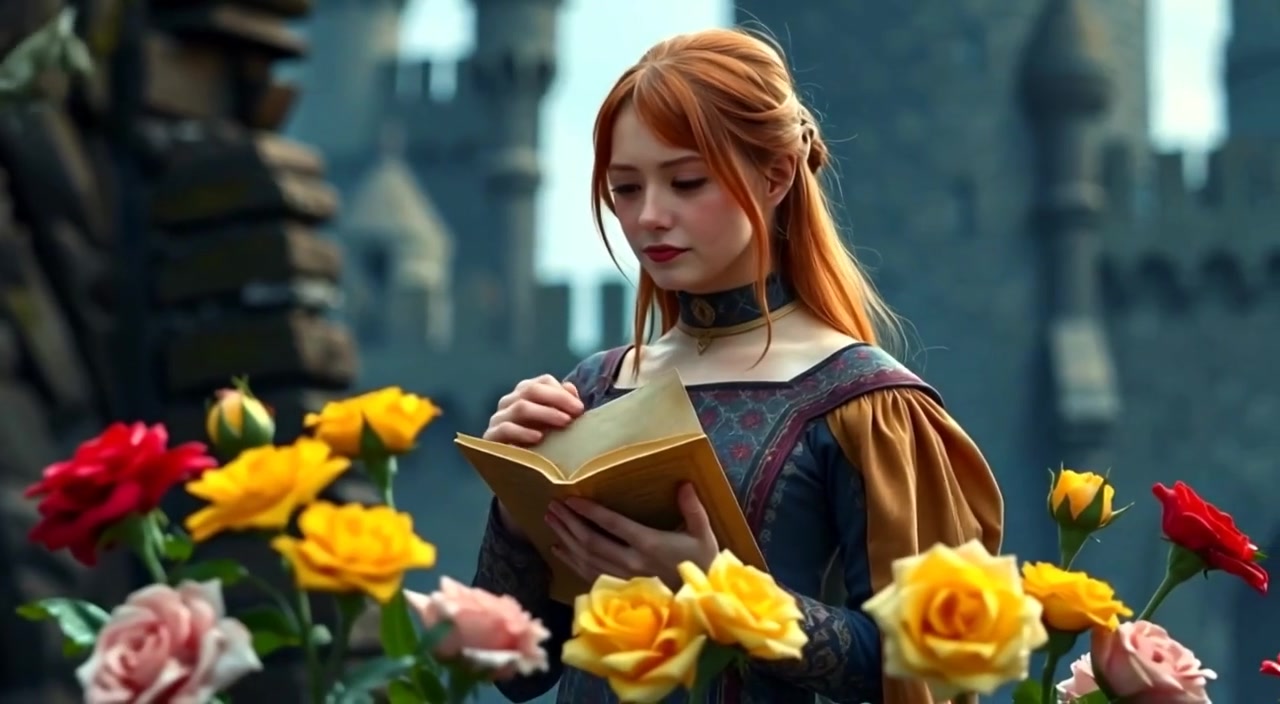 The woman looks thoughtfully at the roses, gently holding a message in her hands.