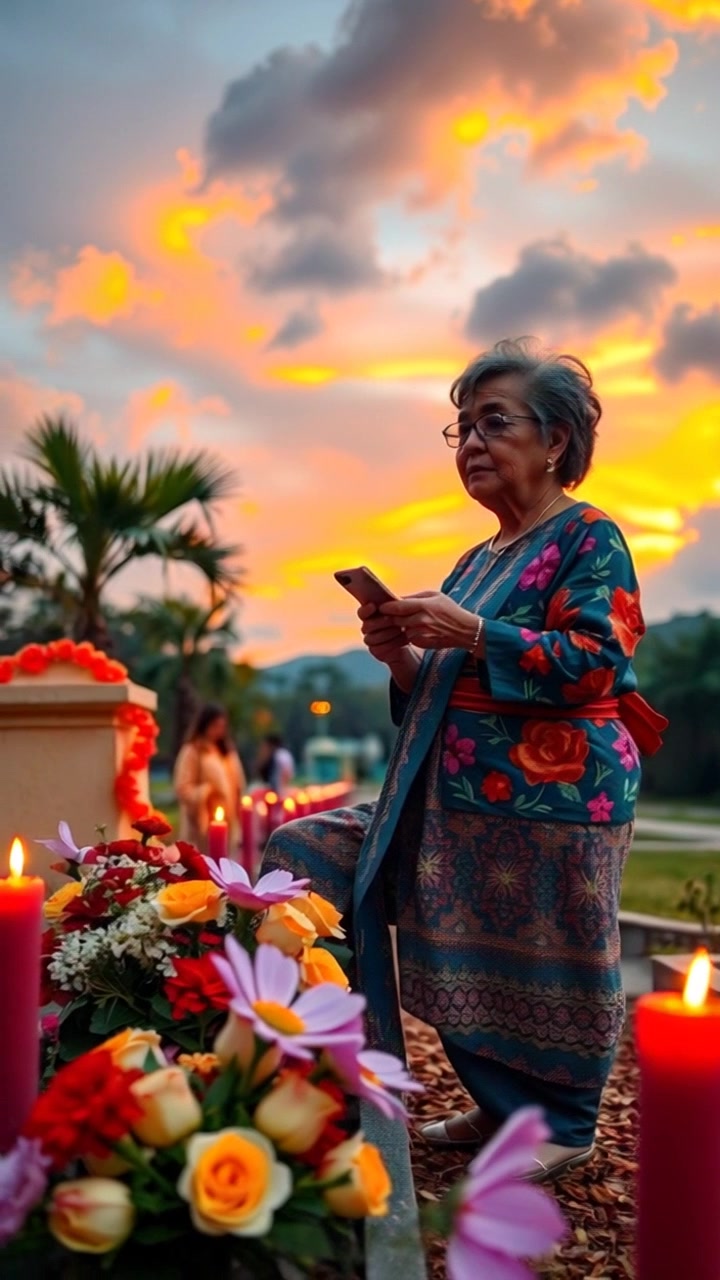 Subject: A serene and beautiful sunset scene with flowers and candles in remembrance of Nenek Jago Viral, highlighting the peaceful atmosphere. Subject Description: Flowers and candles, serene ambiance, calm and reflective mood. Subject Movement: Stillness. Scene: Park setting at sunset with warm, golden-hour lighting. Style: Warm, soft lighting casting a tranquil glow, emphasizing the nostalgic and emotional setting. Camera Language: Slow push in on the flowers and candles, capturing the intricate details in a poignant moment. Lighting: Golden-hour lighting enhancing the emotional depth of the scene. Atmosphere: Nostalgic, reflective, peaceful.