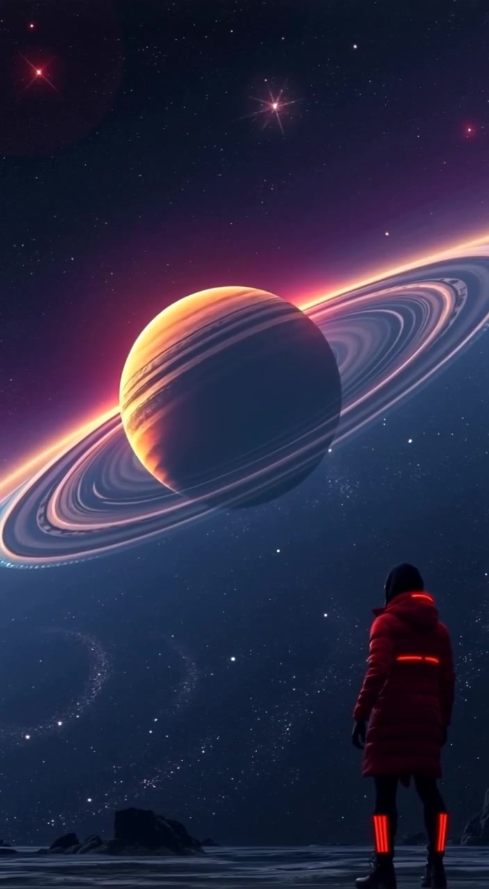 Planets gently orbit in alignment, surrounded by shimmering stars in a vast, serene solar system.