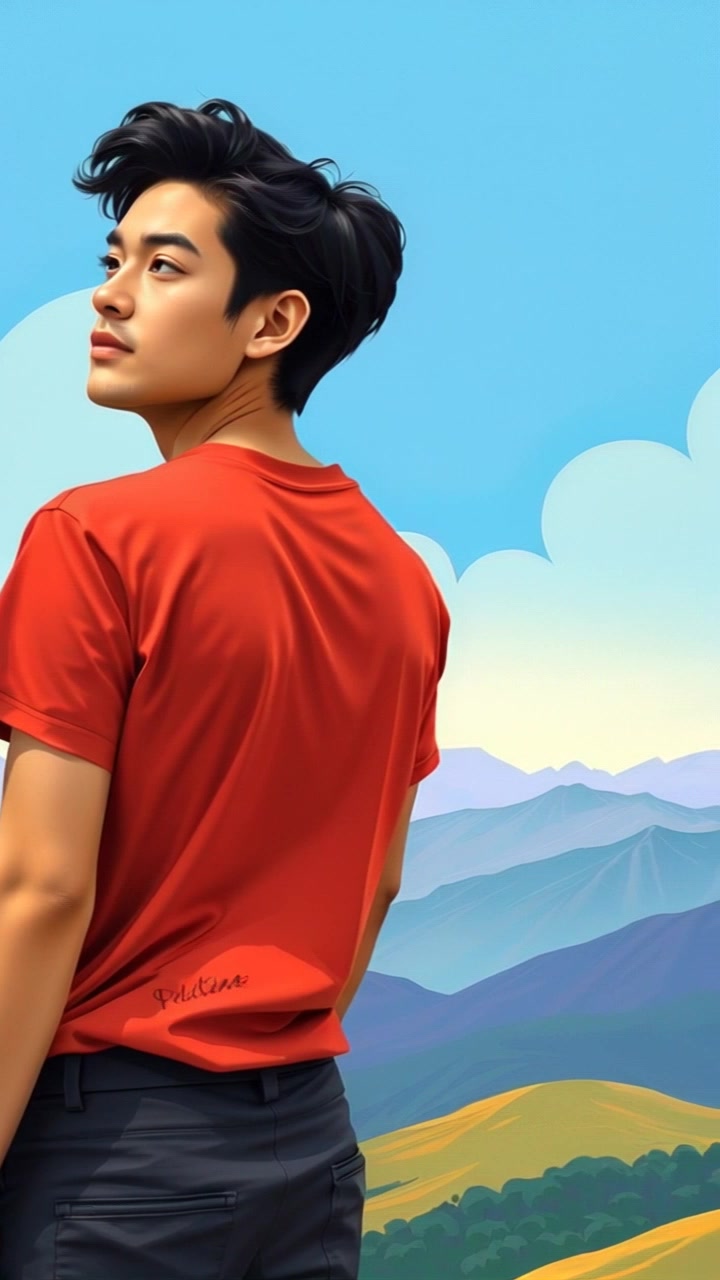Subject: A Laingit standing on a hilltop. Subject movement: The Laingit stands still, gazing across the expansive landscape towards the distant mountains. Scene: A serene hilltop overlooking majestic mountains under a clear blue sky. Style: Bright, natural daylight enhances the vibrant colors of the scenery. Motion: The camera slowly pans from the Laingit to the mountain range in the background, capturing the vastness of the landscape as a gentle breeze rustles the grass.