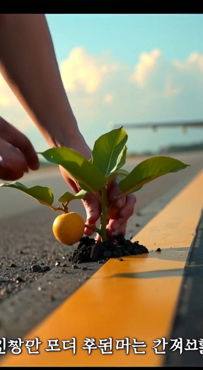 Gentle hands carefully plant a small guava seedling on the edge of a runway against a clear blue sky.