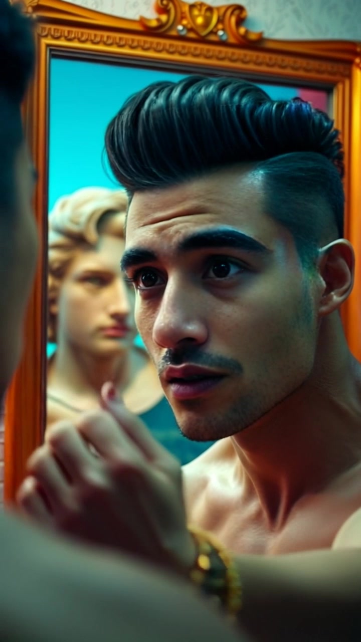 Subject: You with concern, examining your face closely in a mirror. Appearance: Tense expression, focused gaze at reflection, wearing casual attire. Movement: Stillness. Scene: Dimly lit bedroom setting with a large ornate mirror as the focal point. Camera Language: Slow zoom in on the mirror to capture every detail of your expression. Lighting: Low-key lighting highlighting the contours of your face. Atmosphere: Anxious, introspective mood enhanced by the subtle lighting.