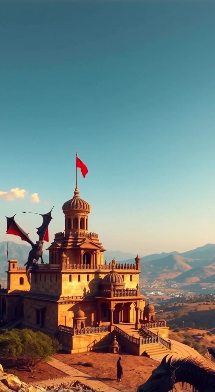 The camera gently pans over Khatu Shyam Temple, revealing hills and a clear blue sky in the background.