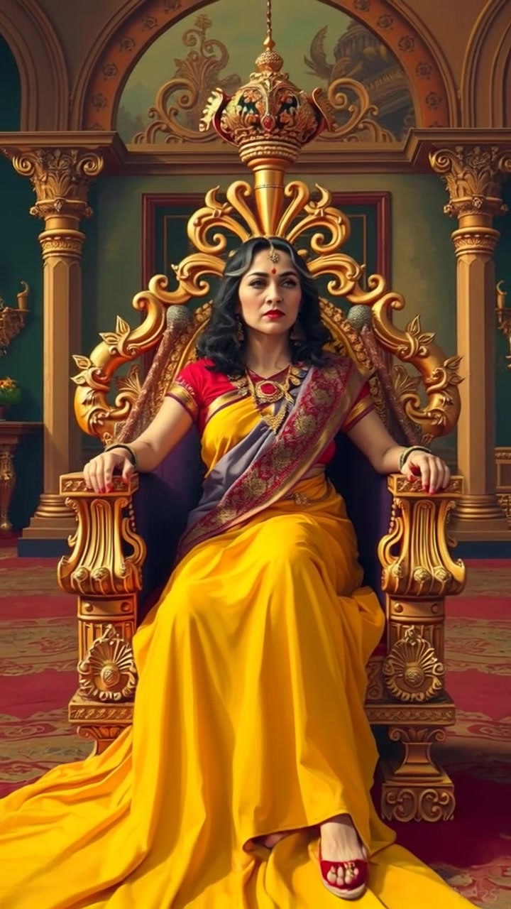 Subject: Queen Bilqis elegantly seated on her ornate throne. Subject movement: She subtly gestures with her hand, commanding attention in her grand palace. Scene: A luxurious, intricately decorated palace with elaborate tapestries and glowing chandeliers. Style: Ambient lighting highlights the rich colors and textures of the surroundings, creating an opulent atmosphere. Motion: The camera begins with a close-up on the queen's face, capturing her regal expression, then smoothly pulls back to reveal the grandeur of the palace and its majestic decorations.