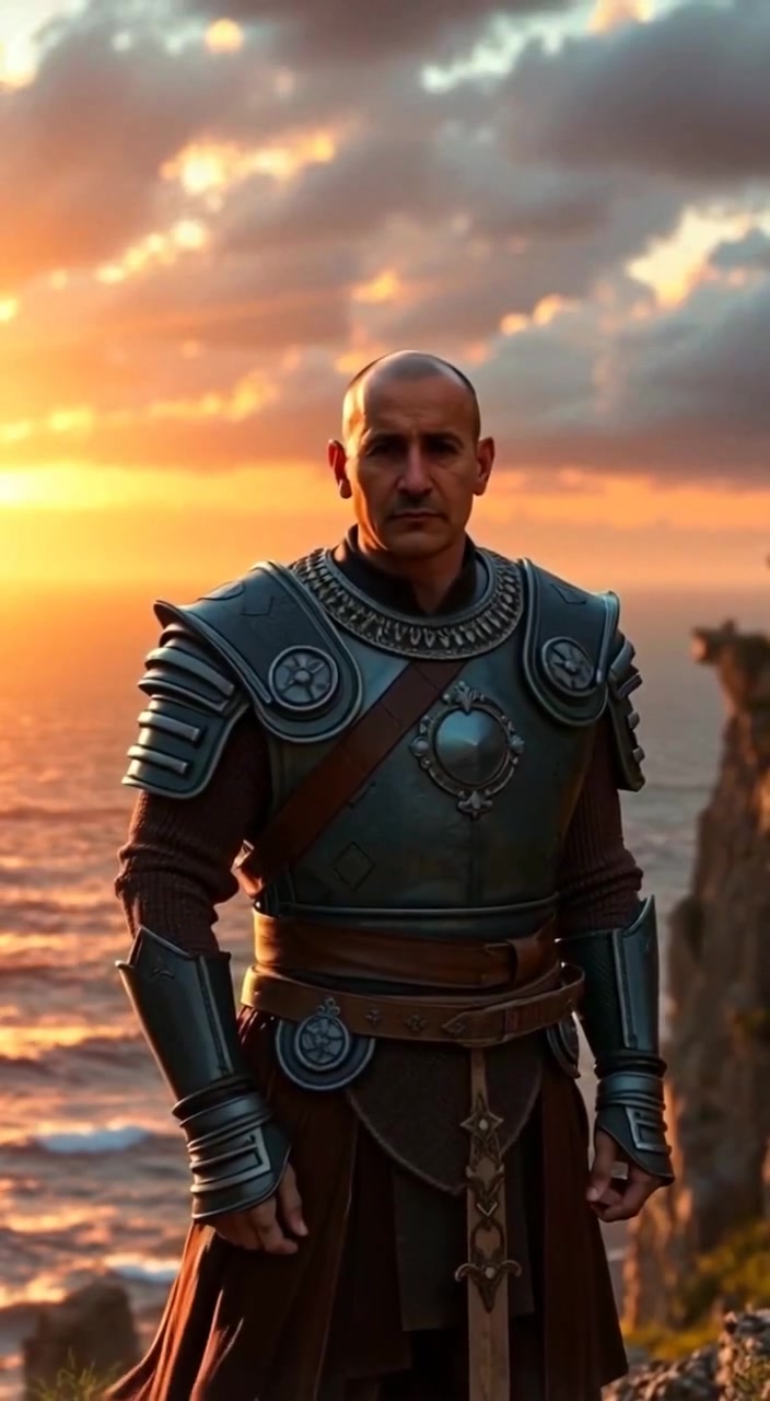 The man gazes calmly at the sunset as waves gently crash against the cliff below.