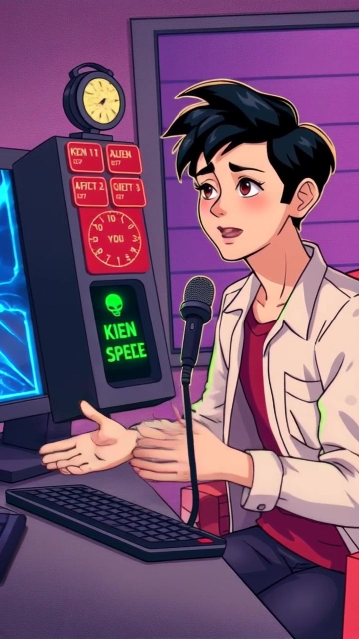 Subject: A young person speaking animatedly into a microphone. Subject movement: The speaker gestures expressively, leaning in slightly towards the microphone as they engage with the digital interface displaying alien text. Scene: Modern desk setup with a futuristic digital interface filled with vibrant alien text and soft glowing elements. Style: Ambient lighting with a cool blue hue, creating a tech-savvy atmosphere. Motion: Camera pans smoothly around the setup, capturing the speaker's expressive motions and the intricate details of the digital display.