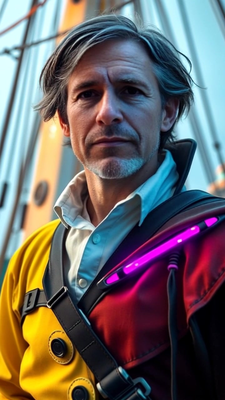 Subject (Portrait of Christopher Columbus in 15th-century explorer attire, Standing on a ship deck) + Subject Movement (Still) + Scene (Ship deck on the open sea) + Camera Language (Slow push in on the portrait) + Lighting (Golden hour light casting long shadows) + Atmosphere (Historical and adventurous)