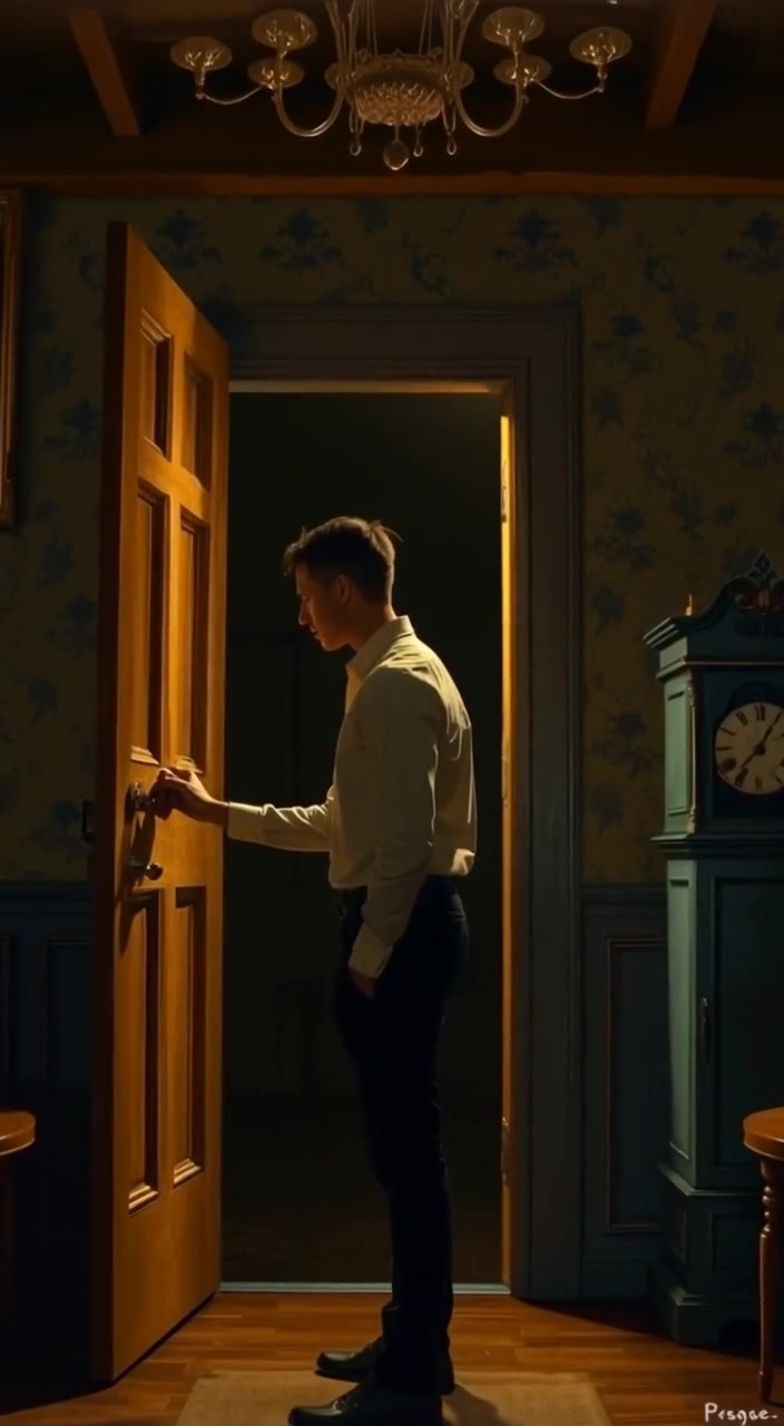 Ravi, visibly anxious, stands near the door, speaking into the darkness, his hand resting on the doorknob.