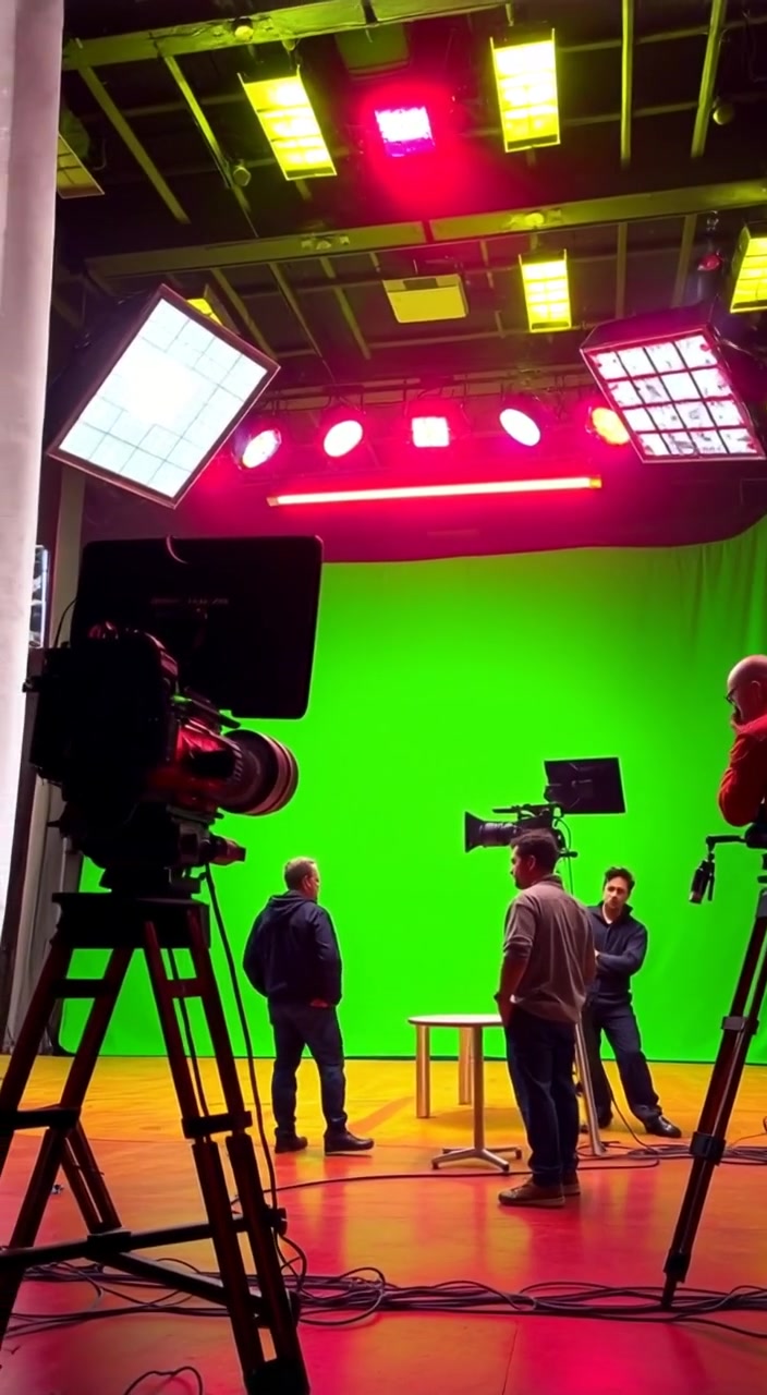 The crew adjusts lights and cameras on the bustling film set with a large green screen in the background.