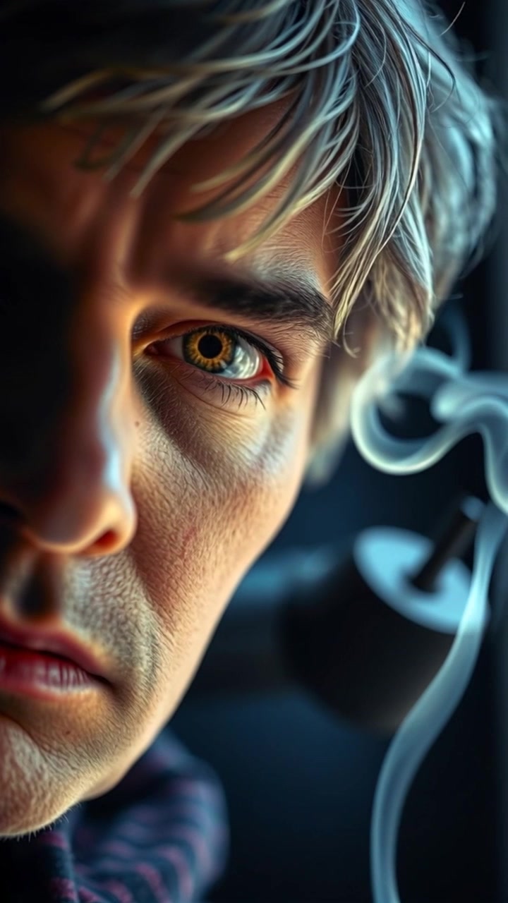 Subject: A person lost in thought, smoke curling gently upwards from a cigarette. Scene: Close-up of the person's contemplative expression, surrounded by a softly blurred urban environment. Style: Ambient lighting enhancing the introspective mood, with warm tones. Motion: The camera slowly pushes in for a tighter focus on the face, the smoke twisting and swirling in the foreground, creating a dreamy effect.