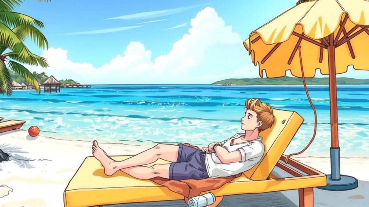 Subject: A relaxed figure lounging on a sunbed. Subject movement: The figure shifts slightly to adjust their position, basking in the warm sunlight. Scene: A scenic beach with clear waters and soft sand, palm trees swaying gently in the breeze. Lighting: Bright, sunny daylight with sparkling reflections on the water. Motion: The camera performs a smooth, slow panning shot across the beach, capturing the serene atmosphere as it focuses on the tranquil scene.