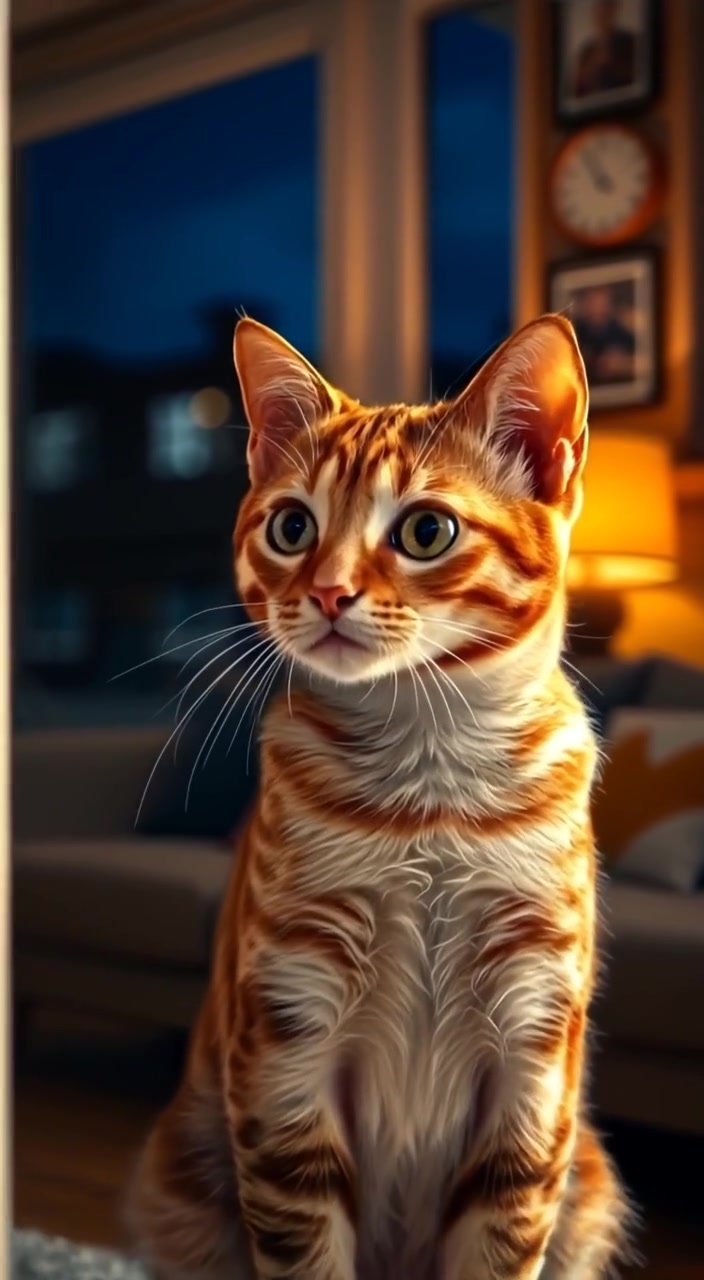 A close-up of Pria's Cat sitting by the window at midnight, eyes wide and focused.