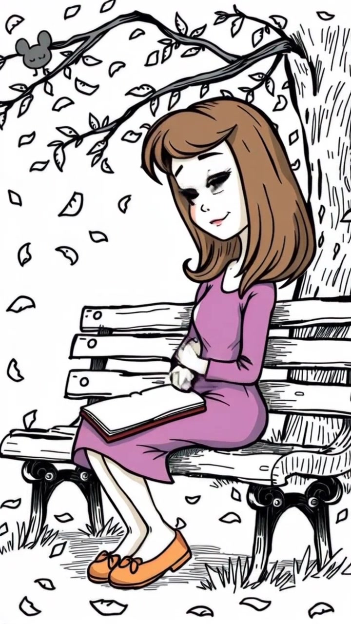 Subject: A person sitting alone on a park bench, engrossed in writing in a notebook. Subject movement: The person occasionally looks up, observing the falling leaves around them. Scene: A tranquil park setting with vibrant autumn foliage, capturing the essence of change and reflection. Lighting: Soft, diffused daylight filtering through the trees, casting gentle shadows. Motion: The camera slowly pushes in from a distance, creating an intimate atmosphere as the person's thoughtful expression becomes clearer, with a warm, contemplative mood.