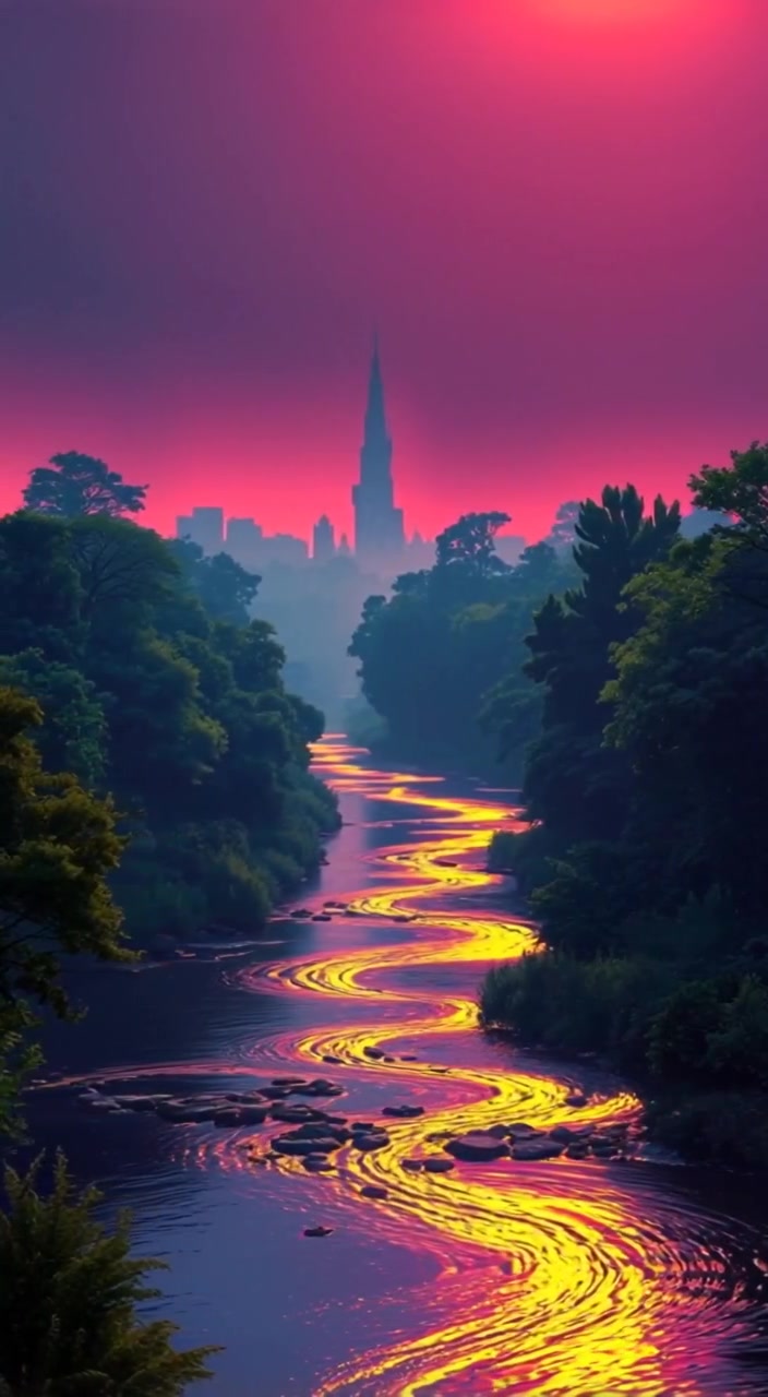 The river flows gently, reflecting the sunlight, while trees sway softly in the breeze along its banks.