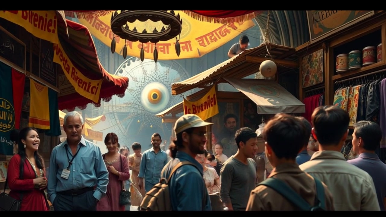 Scene: A bustling marketplace filled with colorful stalls and lively vendors, showcasing an array of goods while a group of people gathers around Roman in the Tepidarium engaging in conversation. Style: Bright, natural daylight illuminating the vibrant colors of fresh produce and textiles, creating an inviting atmosphere. Motion: The camera smoothly glides through the crowd, capturing the dynamic interactions, while panning to focus on the animated expressions of the participants as they laugh and share.