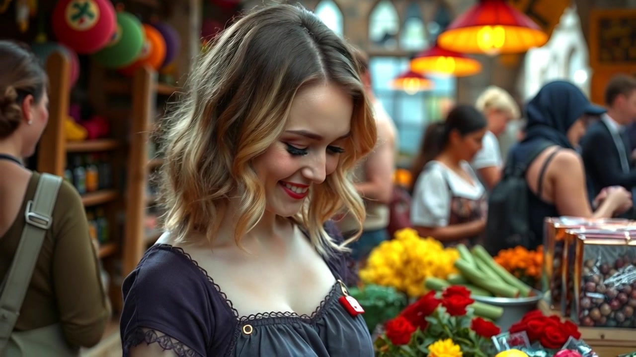 Subject: A cheerful vendor arranging colorful goods at her market stall. Subject movement: The vendor smiles and adjusts the items on display, interacting with customers nearby. Scene: A vibrant outdoor market filled with various stalls, bustling with eager shoppers and sunlit surroundings. Style: Bright, natural lighting enhances the colorful goods, creating an inviting atmosphere. Motion: Camera has a handheld tracking shot, moving in closer to capture the vendor's expressive face and the vibrant array of products, then pulling back to reveal the lively market scene.