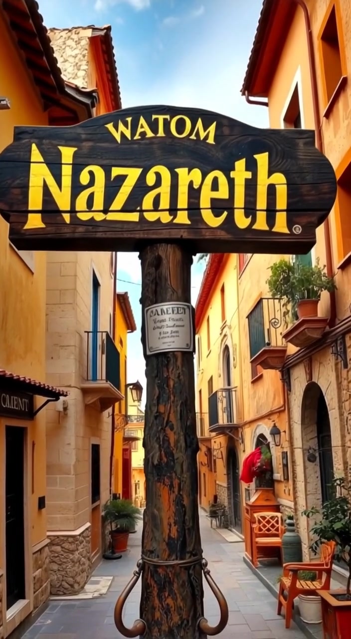A gentle breeze sways the signpost of Nazareth, casting soft shadows on the surrounding Mediterranean buildings.