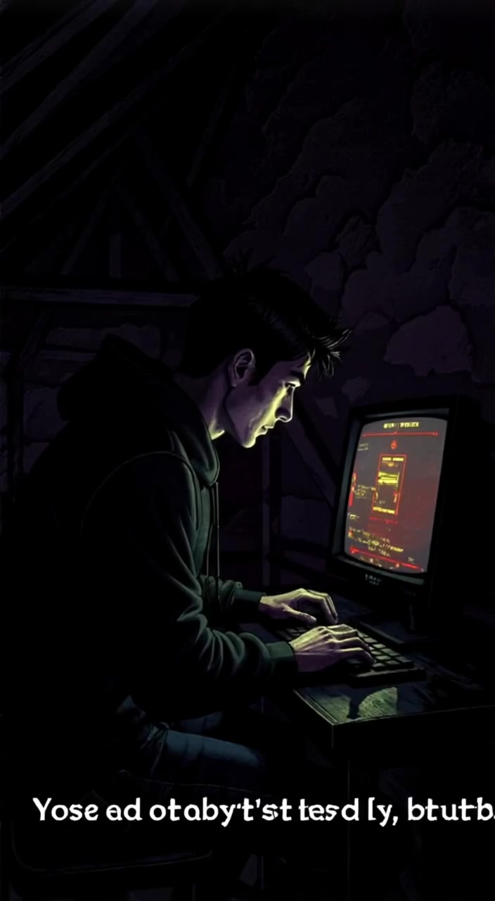 The man leans closer, his eyes narrowing as he translates cryptic symbols on the glowing monitor in the dim room.