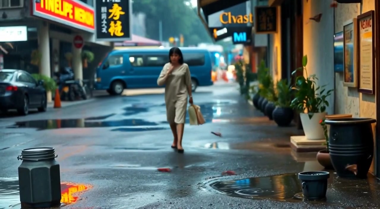 Raindrops gently splatter on puddles as mosquitoes buzz around the vibrant street scene.