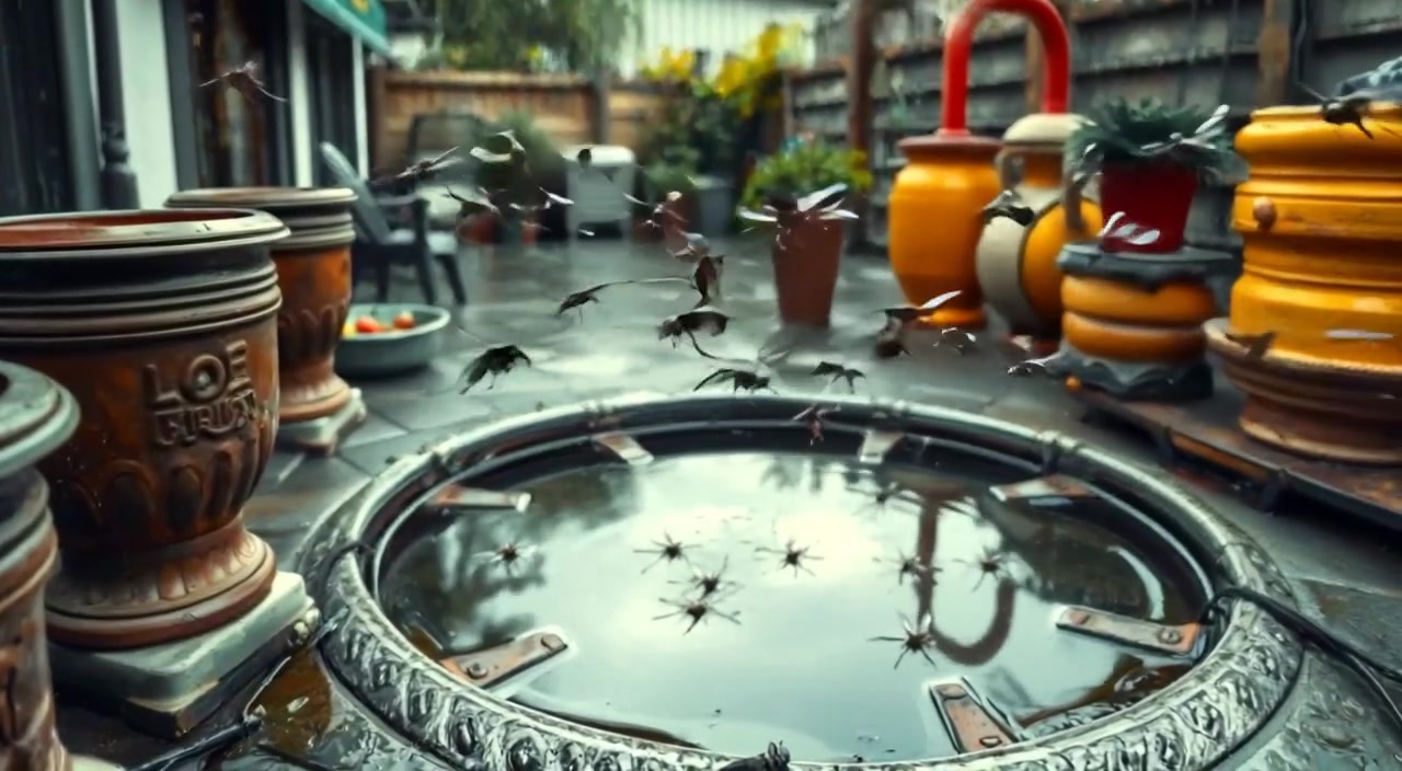 A cluster of mosquitoes hovers gently above a stagnant pool of water in a quiet garden.