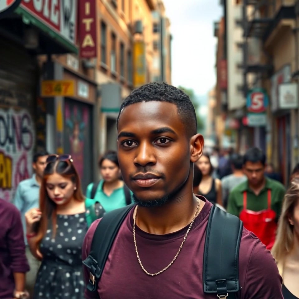 Subject: A determined figure standing still on a bustling street. Scene: Crowded urban environment with hurried pedestrians passing by, the buildings towering in the background. Style: Soft, ambient lighting with hints of warm tones from street lights. Motion: The camera performs a slow push-in towards the character, capturing the contrast between their calm demeanor and the chaotic movement of the crowd around them.