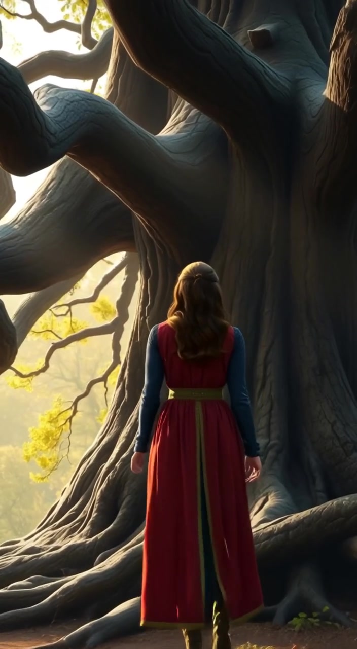 The woman gently walks towards a majestic tree, reaching out to touch its thick, textured bark.