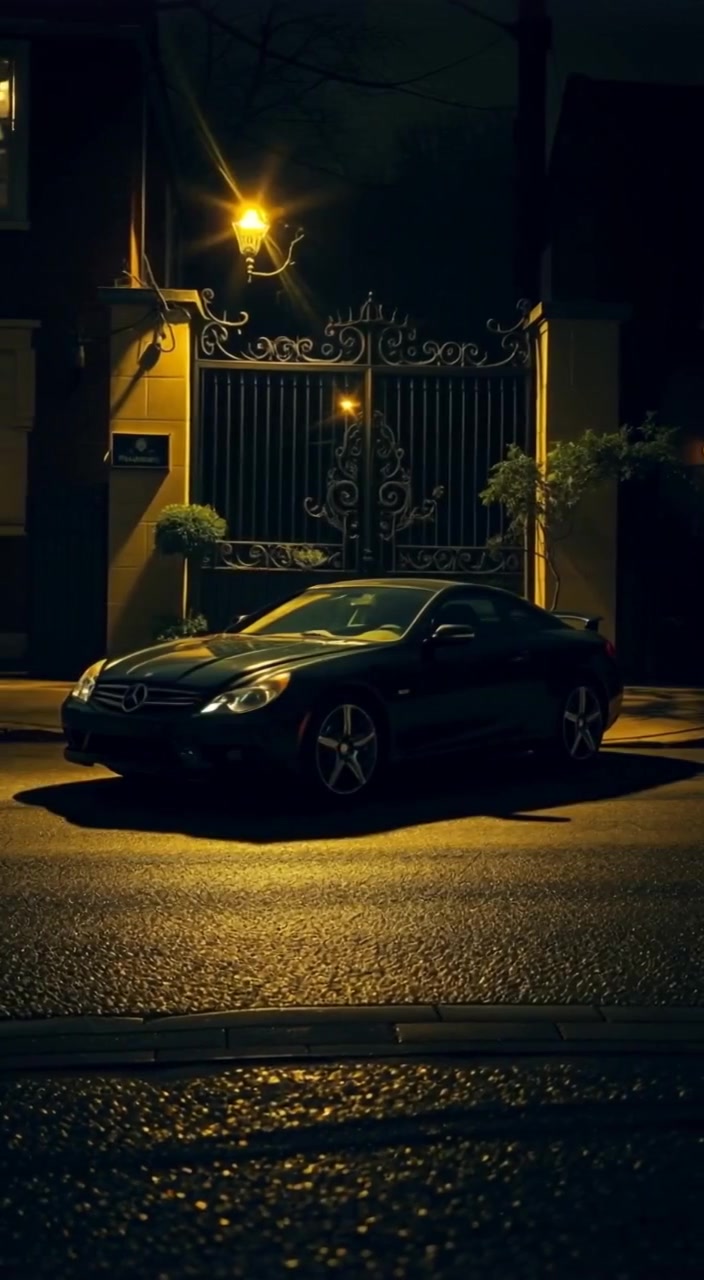 Sunlight gently reflects off the windows of the black car parked in front of the gate.