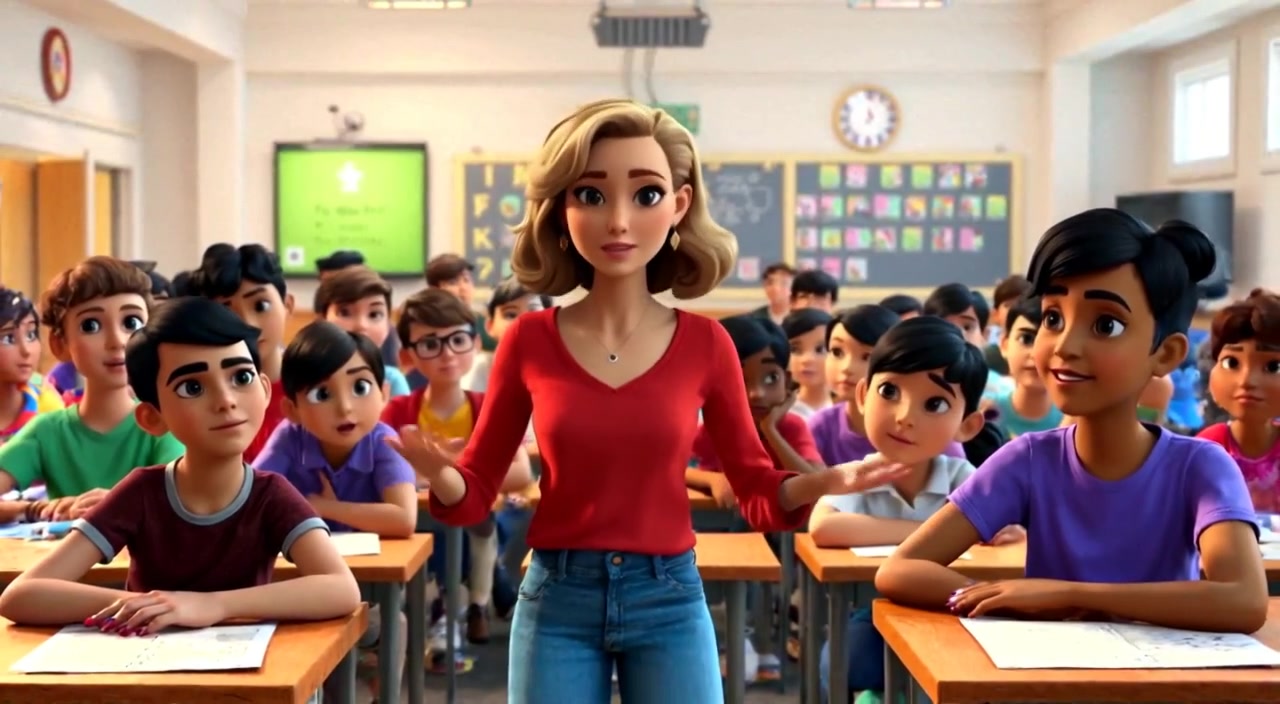 The woman gestures as she discusses strategies, while students listen attentively in a bright, open classroom.